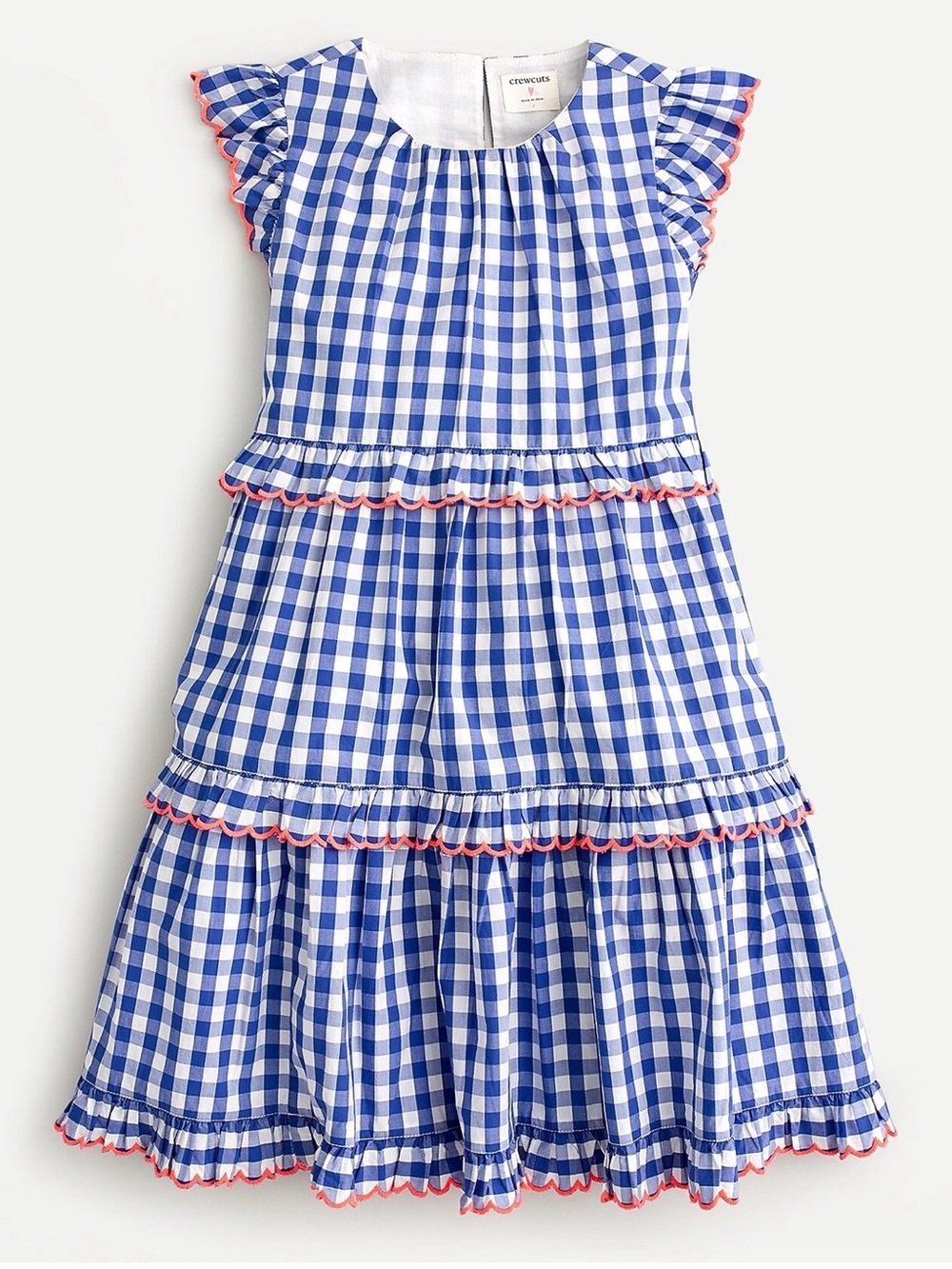 Crewcuts Blue Gingham Tiered Dress with Pink Trim